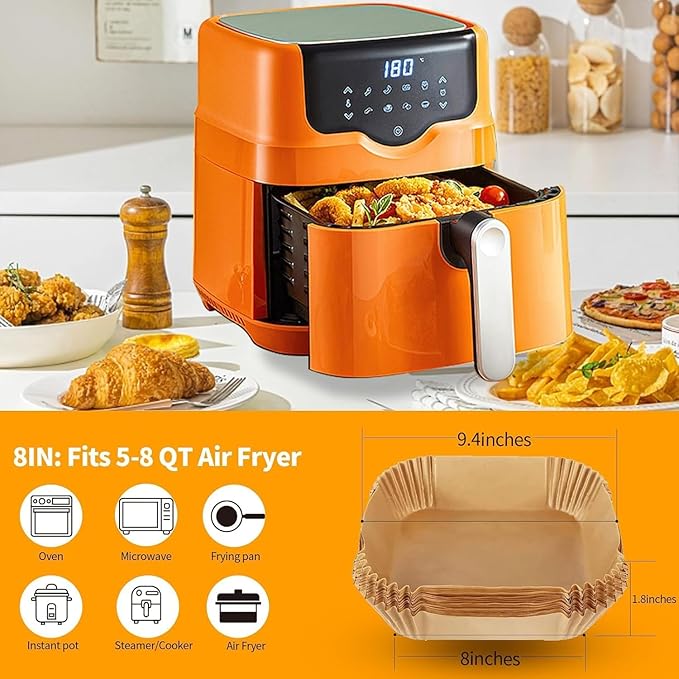 Air Fryer Liners 200Pcs, 8.7" Square Parchment Paper Liner for Air Fryer, Baking, Roasting and Microwave, Non-Stick Disposable Airfyer Liners Accessories