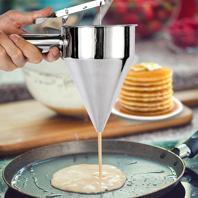 Stainless Steel Pancake Batter Dispenser with Squeeze Handle, Multi-Nozzle Funnel Cake Stand for Pancakes, Cupcakes, Takoyaki, Chocolate Balls, and Baked Goods, Multi-Caliber Design (1200 ml)