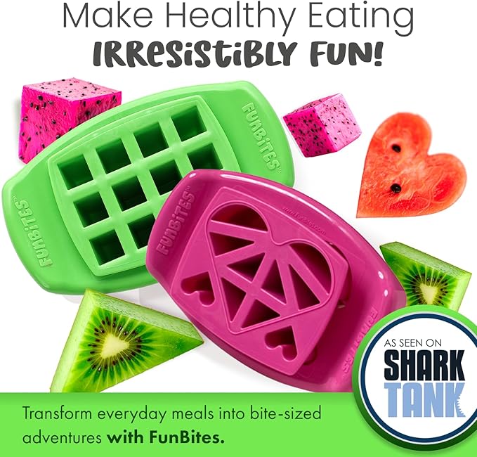 FUNBITES Crustless Sandwich Cutter for Kids Lunch (4-piece set), Uncrustable Sandwich Cutter, Bite-Size Food Cutter for Toddlers, Bento Box Accessories, BPA-FREE Dishwasher Safe, Squares/Hearts 2pk