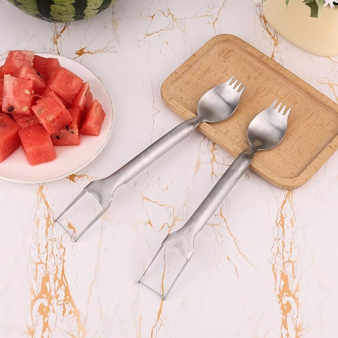 2 Pcs 2-in-1 Watermelon Fork Slicer Cutter, Stainless Steel Fruit Slicer Tool Multifunctional Portable Water Melon Cube Cutter Fruit Fork for Family Gathering Picnic Camping Home Kitchen Gadgets