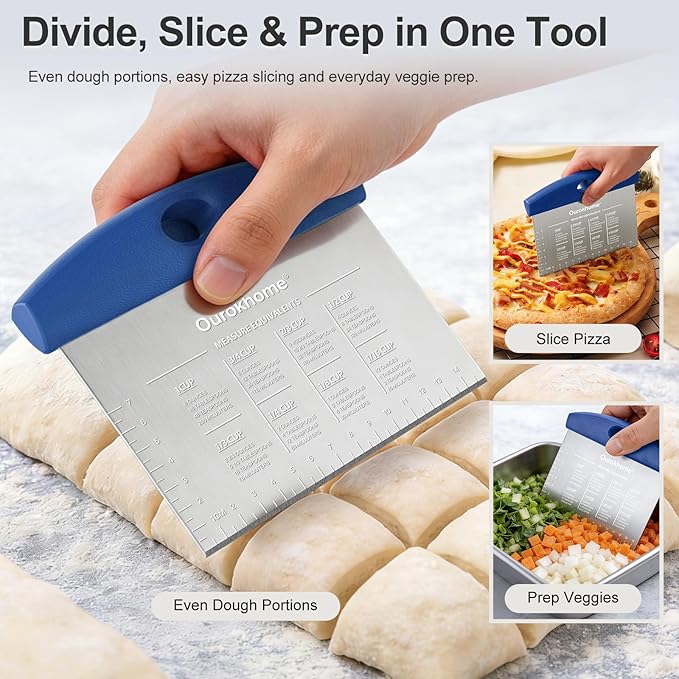 Ourokhome 2 Pack Bench Scraper Dough Cutter, Stainless Steel Dough Scraper with Laser-Etched Scale, Conversion Chart, Non-Slip Handle, Dishwasher Safe for Bread & Pastry, Blue