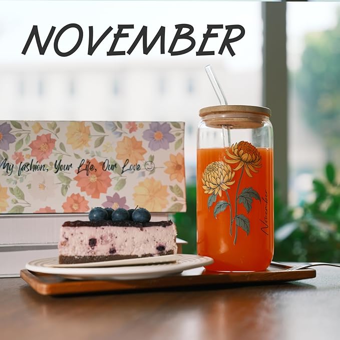 SUROQUE Birth Month Flower Iced Coffee Glass Cup 16oz Custom Tumbler Birthday Gifts Personalized Gifts for Women, Teachers, Bridesmaids, Birthdays, Mom, Valentines