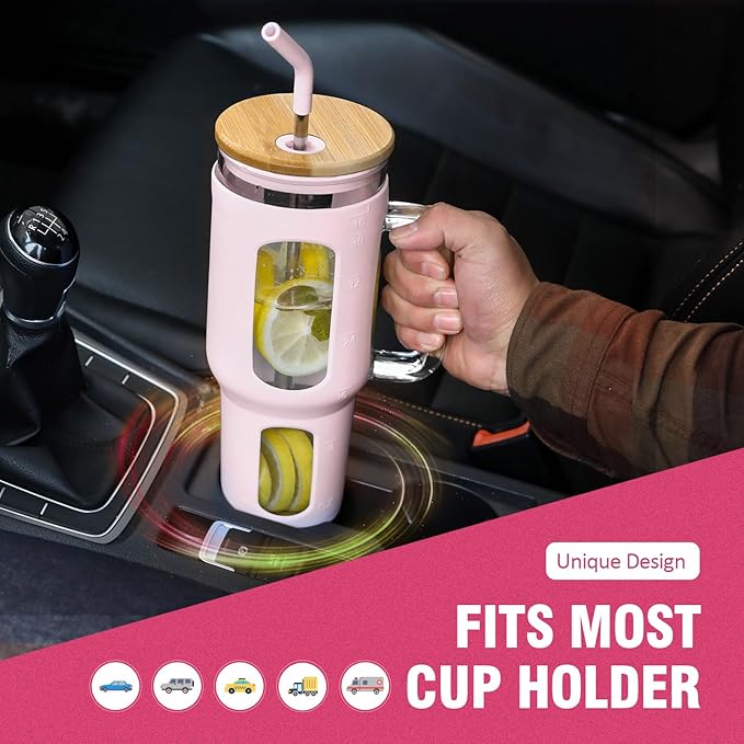 WINSA Glass Tumbler with Lid and Straw, 46 oz Iced Coffee Cup with Handle, Large Water Bottles with Silicone Sleeve, Glass Cup with Straws - Pearl Straw & Drinking Straw BPA Free-CottonPink