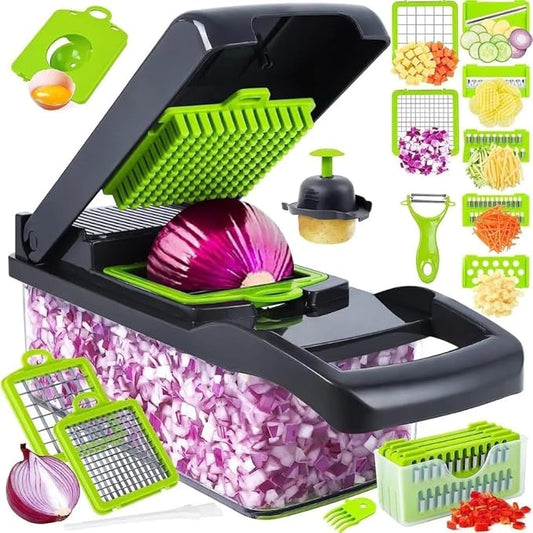 15 in 1 Vegetable Chopper and Food Chopper with Container, Onion Vegetable Slicer Cutter Dicer, Veggie Cutter with 7 Blades for Carrot Salad Garlic Potato (Old Design)