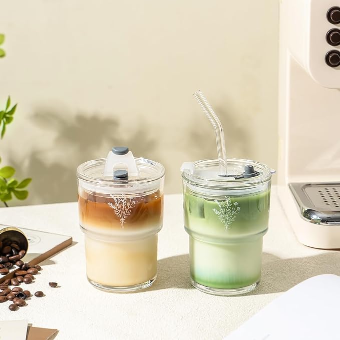 Olvini 13oz Glass Tumbler with Straw and Lid, Reusable Iced Coffee Cup Tumbler, Cute Glass Cups for Water, Matcha, Travel Coffee Mugs (Wildflower- 13oz)