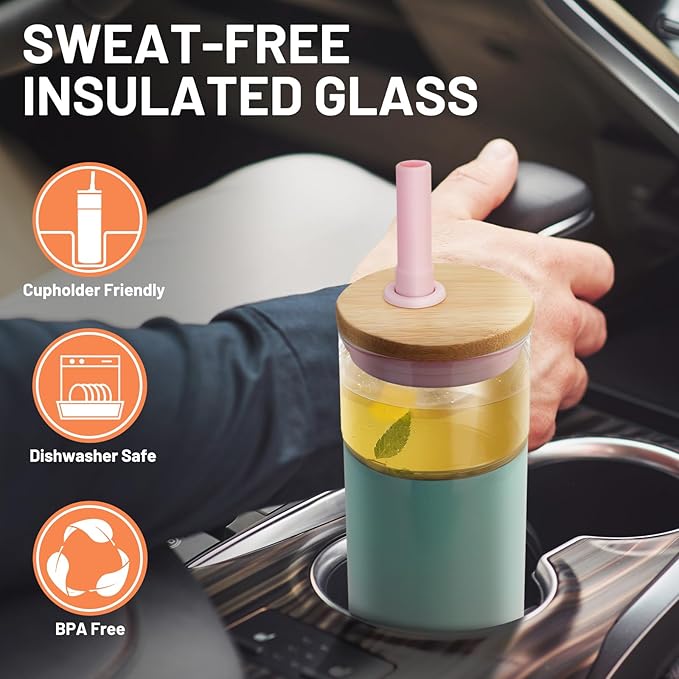 Tronco 20 oz Vacuum Insulated Glass Tumbler with Lid and Straw - Keeps Drinks Cold for 12 Hrs - Reusable Glass Cup for Iced Coffee, Smoothies & Boba - Sweat & BPA Free, Dishwasher Safe, Fit Car Holder