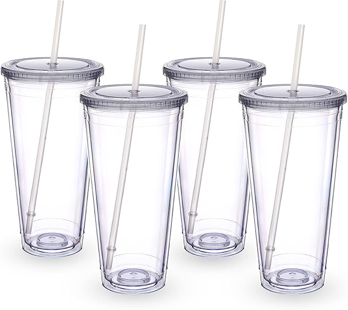 Zukro Clear Acrylic Tumbler with Straw and Lid 32 oz, Double Walled Insulated Reusable Plastic Iced Coffee Cup, To Go Cup Perfect for Home, Office, Fit in Cupholder, BPA Free, 4 Pack