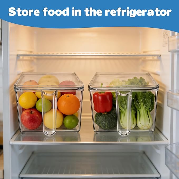CIEOVO 2 Set Ice Bin for Freezer with Lid and 2 Scoop Set Plastic Freezer Ice Bin with Pull-Out Handle Clear Storage Bucket Kitchen Food Storage Organizer for Home Office Fridge Kitchen