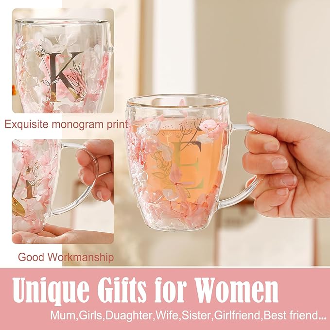 Personalized Gifts for Women Double Wall Glass Flower Coffee Mug Tea cup Monogrammed Customized Birthday Valentine Mother's Day Christmas Gift for Women Mom Wife Friends Sister Stocking Stuffers (E)