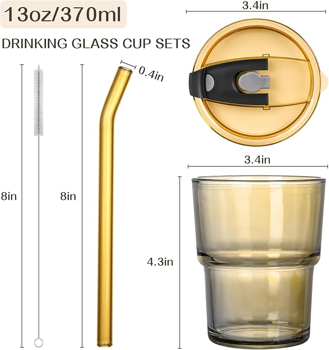 13oz Reusable Iced Coffee Tumbler with Lids,Clear Tumbler Water Glass,2 Pack Glass Cups with Straw and Lid,Glass to go Coffee Cup for Drinking Matcha, Water, and Juice(Amber