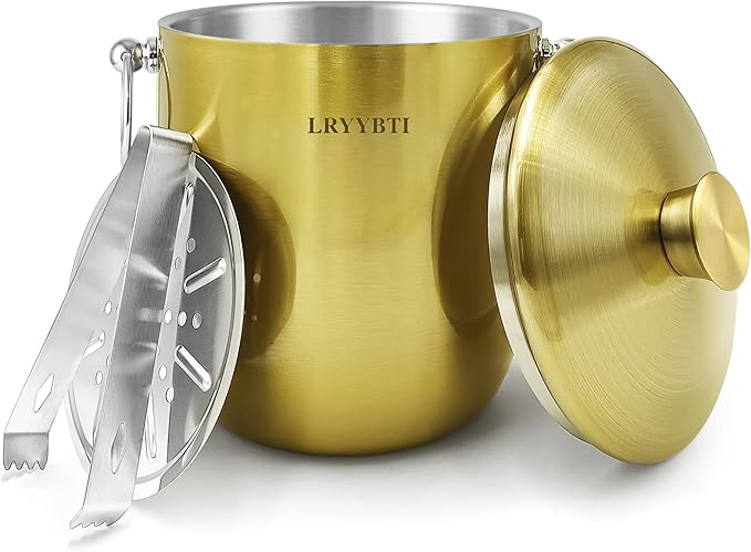 Ice Buckets for Parties with Lid,Tongs and Strainer (3L/Gold) Double Wall Stainless Steel Ice Bucket Keeps Frozen Longer,Ideal Perfect for Parties, Cocktail bar, Chilling Wine, Champagne