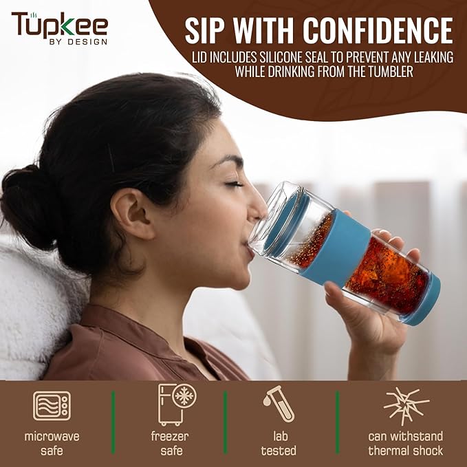 Tupkee Glass Sip Lid Niagara - Replacement Double Wall Glass Tumbler, 14oz & 8oz Hand Blown Travel Mug