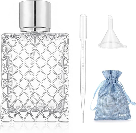 100ML 3.4oz Glass Spray Bottles for Essential Oils, Perfumes, Empty Clear Mist Spray Bottle with Silver Aluminum Sprayer - (1Pack) Funnel Filler 3ml Dropper Storage Gift Bag
