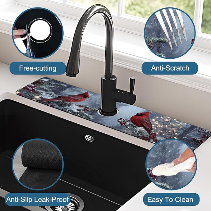 Christmas Winter Kitchen Sink Splash Guard Faucet Mat Cardinal Super Absorbent Fast Drying Mat Sink Splash Guard Behind Faucet for Kitchen Bathroom, 23.5"x5.5"