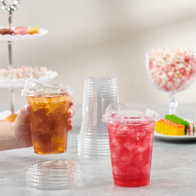 GUSTO Clear Plastic Cups with Lids [16 oz - 100 Count] - Disposable Iced Coffee Drink Cups with Strawless Sip Lids for Smoothies, Juices, and More - (Formerly Comfy Package)