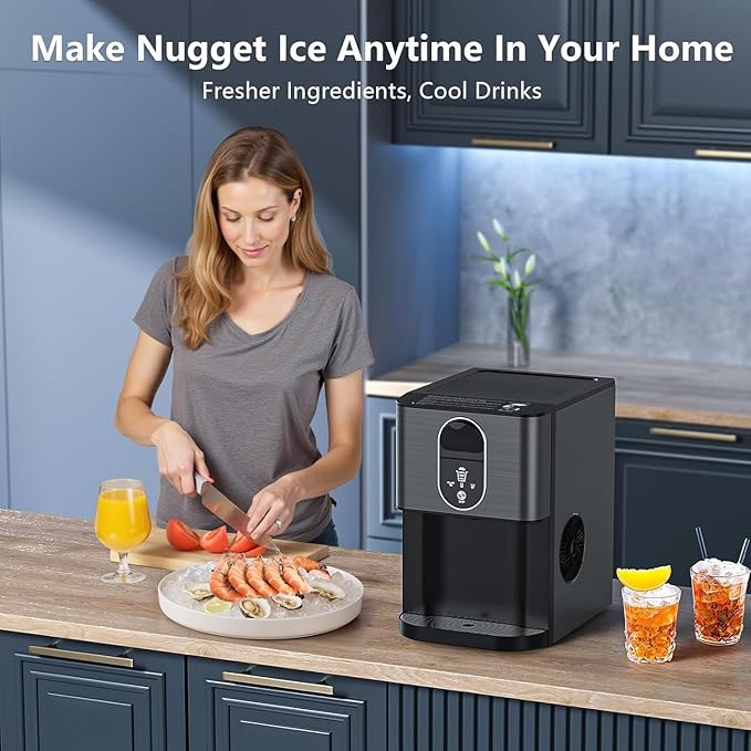 Countertop Nugget Ice Maker, 44lbs/24H Nugget Ice Machine Countertop, Chewable Pellet Ice Maker Machine with Ice Dispenser, 2.4L Water Reservoir, Self-Cleaning, Ideal for Kitchen/Bar/Office, D-Black