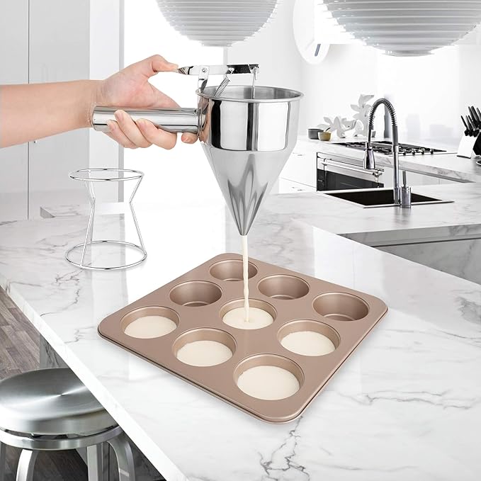 Stainless Steel Pancake Batter Dispenser with Squeeze Handle, Multi-Nozzle Funnel Cake Stand for Pancakes, Cupcakes, Takoyaki, Chocolate Balls, and Baked Goods, Multi-Caliber Design (1200 ml)