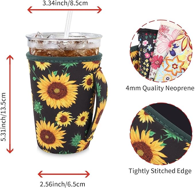 4Pack Reusable Iced Coffee Sleeve Insulator Sleeves for Cold Drinks Beverages, Neoprene Cup Holder for Most Coffee, Fits 22-24oz Medium Cups (Floral Meadow)