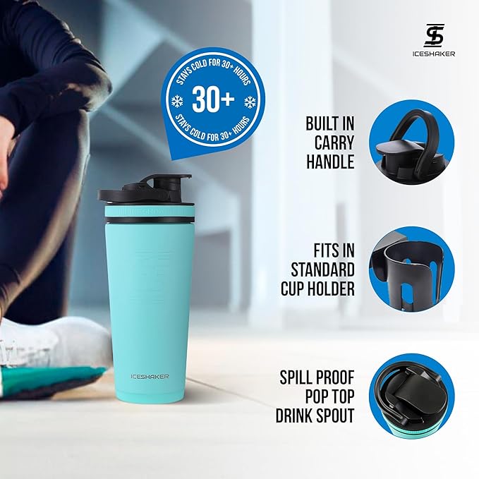 Ice Shaker Insulated Stainless Steel Shaker Bottle | 26oz, Mint | Cold for 30+ Hours | Insulated Cup with Twist-on Agitator | Odor-Free Bottle for Protein Shakes, Water, Smoothies, Cocktails
