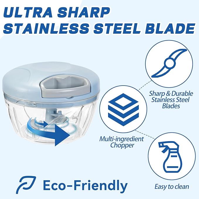 Manual Food Processor Vegetable Chopper, Portable Hand Pull String Garlic Mincer Onion Cutter for Veggies, Suitable for Vegetables, Ginger, Garlic, Fruits, Onion, Potato, Salad (Blue 500 ml)