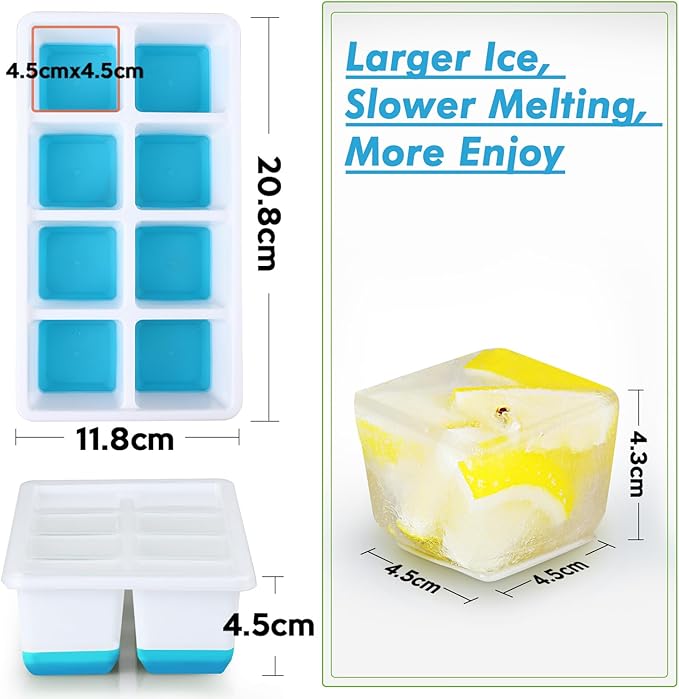 Ice Cube Trays 4 Pack, JRISBO Large Silicone Ice Cube Molds with Leak-Proof Lid, TPE Frame & Easy Release Bottom, Stackable Freezer Ice Trays for Whiskey, Cocktails, Soup, BPA Free