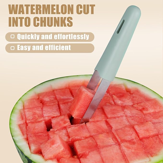 3-in-1 Watermelon Cutter Slicer Tool, Stainless Steel Watermelon Cutter, Popsicle Mold Watermelon Slicer, Watermelon Fork Slicer Cutter, Portability Fruit Fork for Camping Kitchen Gadgets (Green)