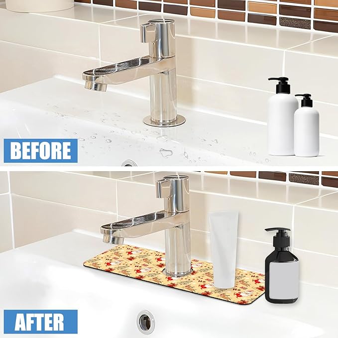 Chrismas Sink Splash Guard Faucet Mat Cute Christmas Absorbent Fast Drying Mat Sink Gadgets Splash Guard Behind Faucet Drip Catcher for Kitchen Bathroom 15.5"X5.5"