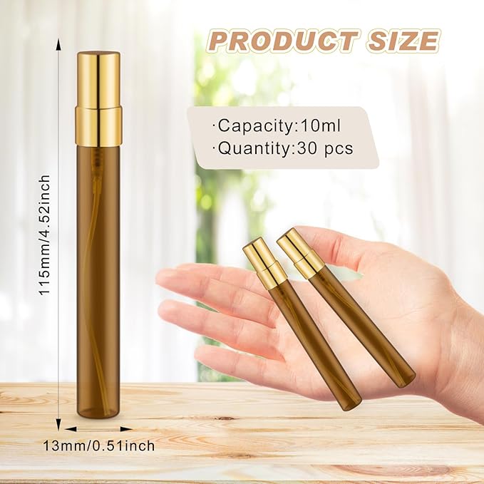 30 Pack Empty Mini Glass Spray Bottle Refillable Fine Mist Perfume Atomizer Portable Travel Sample Spray Bottles Containers For Perfume Essential Oils Cosmetics Liquid (amber bottle, 10ml)