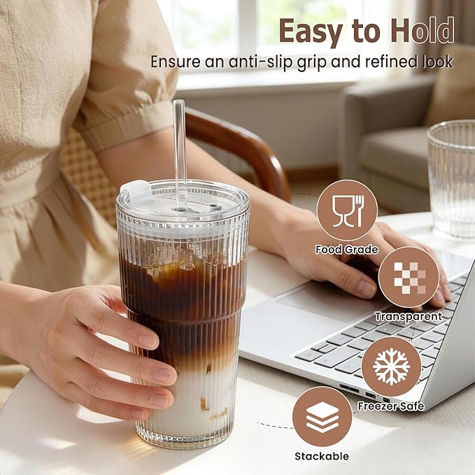 TUZAZO 20 Oz Glass Tumblers with Lids and Straws - 2 Pack Ribbed Glass Iced Coffee Cup with Straw and Lid, Thicken Glasses, Ideal for Smoothieds, Cocktails, and Juices
