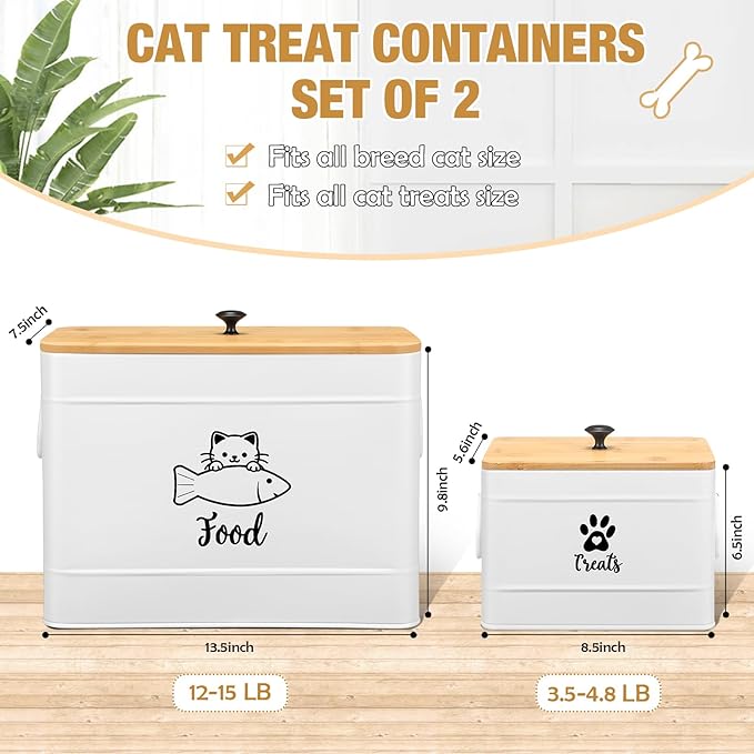 Reallnaive Extra Large Metal Cat Food Containers Airtight 12+3.5 lbs Cat Treat Snack Jars Set of 2 with Bamboo Lids and Spoons Farmhouse Big Pet Cookie Storage Jars for Kitchen Counter Gifts(White)