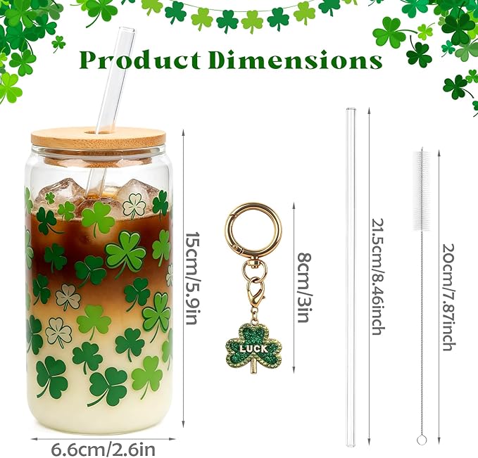Mason Life Irish Shamrocks Glass Tumbler, 18 OZ Cute Glass Cup with Lid and Straw, St Patricks Day Drinking Cup with Keychain, Lucky Clover Beer Can Glass, Irish Gift for Women Girls