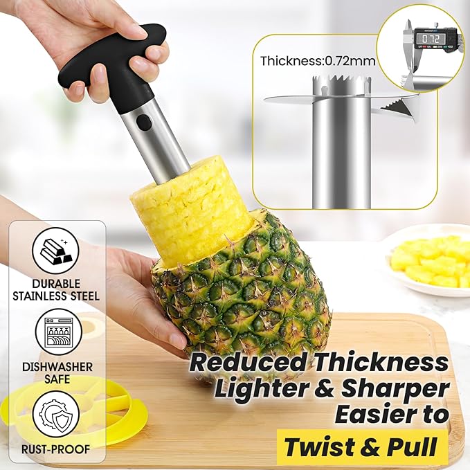 CUNSENR Premium Pineapple Corer and Slicer Tool - Pineapple Cutter with Sharp Serrated Tips - Easy to Use & Clean - Stainless Steel Core Remover for Pineapple - Slice and Core Fruits with Ease(Black)