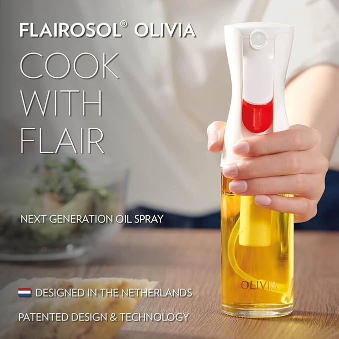 FLAIROSOL OLIVIA SIGNATURE Advanced Kitchen Oil Sprayer Technology, Fine Mist & Portion Control, Refillable Glass Olive Oil Cooking Spray Bottle for Air Fryer, Salad, BBQ, 130ml (Gold Print)