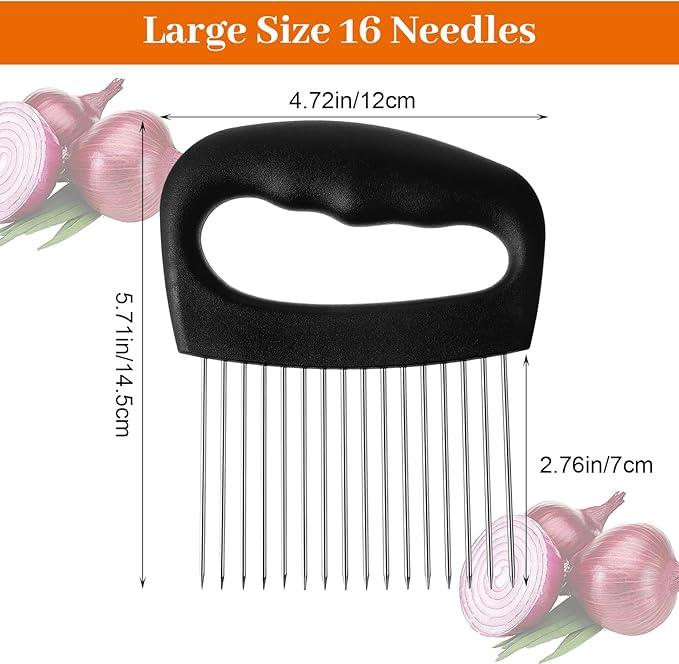 Extra Large Onion Holder for Slicing Tomato Slicer With 16 Long Needles Cutter Onion Slicer Holder Vegetable Chopper Tomato Potato Meat Tenderizer Stainless Steel Black
