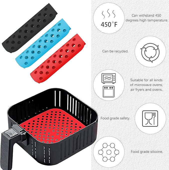 6 Pack Square Silicone Air Fryer Liners – 8.5 Inch / 21.6 cm Reusable Nonstick Mats – Heat-Resistant, Dishwasher Safe Air Fryer Accessories – Black, Red, Sky Blue