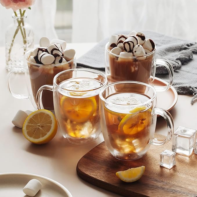 12 oz/350ml Double Walled Glass Coffee Mugs, Glass Coffee Cups Set of 4, Insulated Borosilicate Clear Glasses, Espresso Cappuccino Latte Tea Cups with Handle for Latte, Hot/Cold Drink