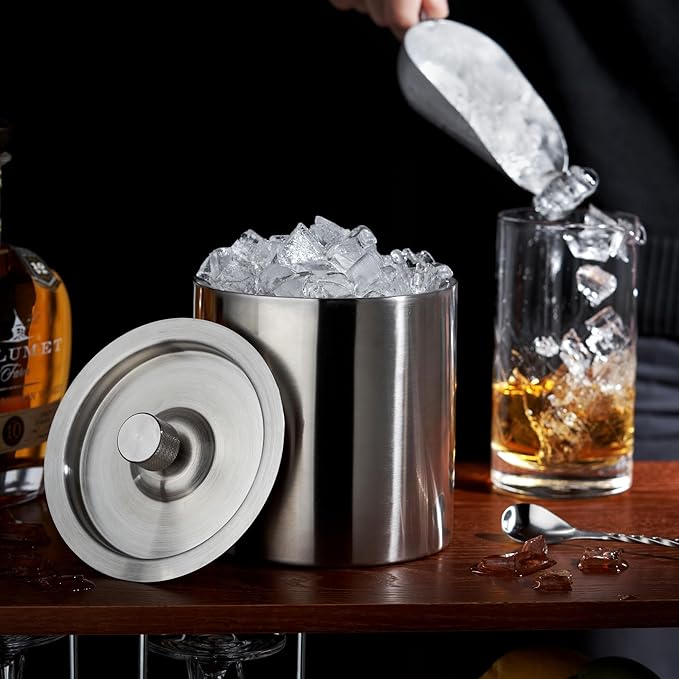 Viski Harrison Stainless Steel Ice Bucket for Restaurants or Home Bars, Insulated Ice Bucket with Lid for Bottles, Stainless Steel Bucket Set of 1