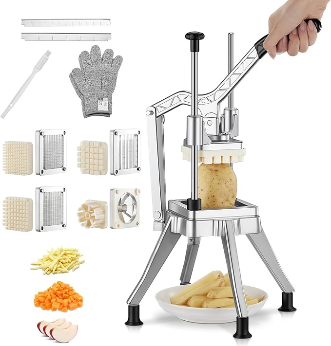 FOHRER Commercial Vegetable Chopper French Fry Cutter – Heavy Duty Potato Dicer with 4 Stainless Steel Blades (1/4", 3/8", 1/2", 6-Wedge) for Restaurant, Food Truck & Commercial Kitchen Prep