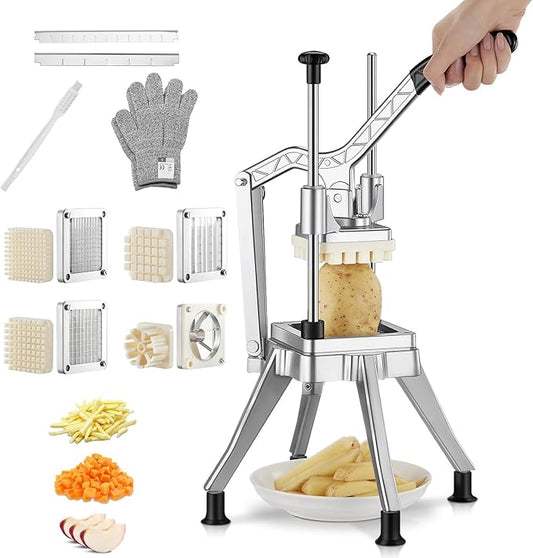 FOHRER Commercial Vegetable Chopper French Fry Cutter – Heavy Duty Potato Dicer with 4 Stainless Steel Blades (1/4", 3/8", 1/2", 6-Wedge) for Restaurant, Food Truck & Commercial Kitchen Prep
