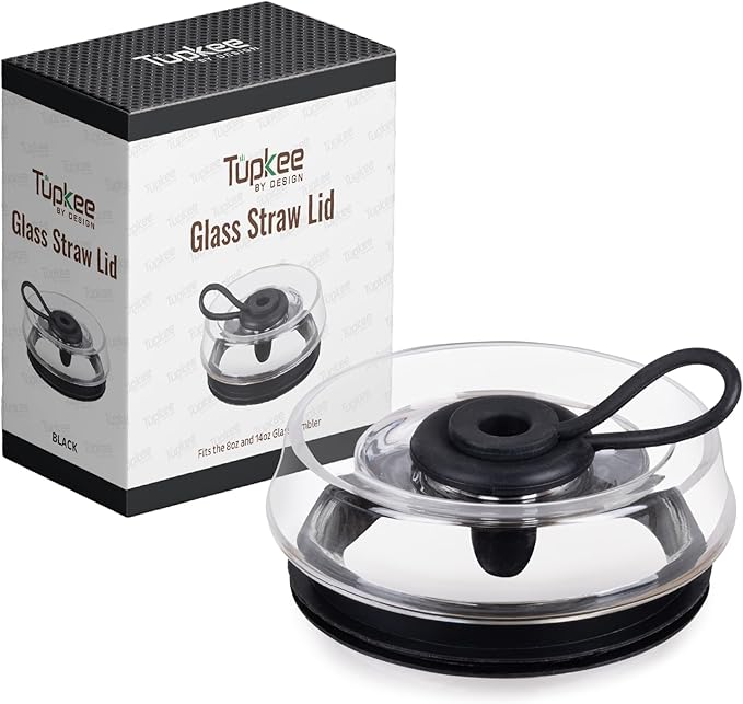 Tupkee Double Wall Glass Tumbler Straw Lid - For Hand Blown Glass Travel Mug, 14-Ounce & 8-Ounce, Black