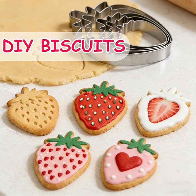 Strawberry Cookie Cutter Fruit Vegetbale Biscuit Cutters for Valentines Day Birthday Summer Christmas New Year Party DIY Baking Mold, Pack of 5