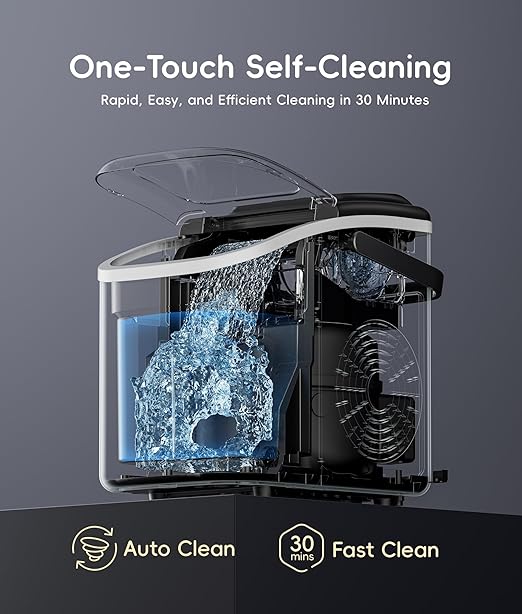 ecozy Portable Ice Makers Countertop, 8 Cubes in 6 Mins, 26lbs/Day, Bullet Ice Maker Machine with 2 Ice Sizes, Self-Cleaning Ice Maker with Carry Handle for Home/Kitchen/Party/Travel - 2026 Version