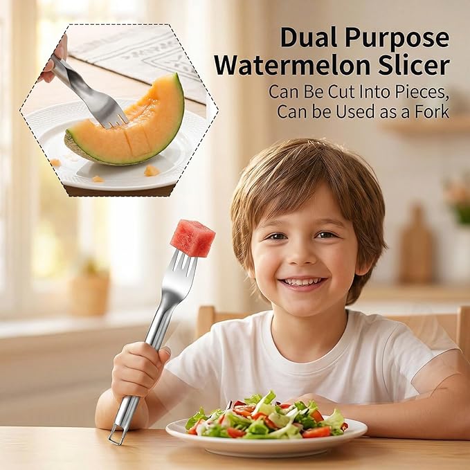 2-in-1 Watermelon Slicer Cutter Tool & Watermelon Scooper, Stainless Steel Fruit Cutter Tool Dual-Head Melon & Mango Slicer Fork for Home, Camping, Parties (2 PCS)