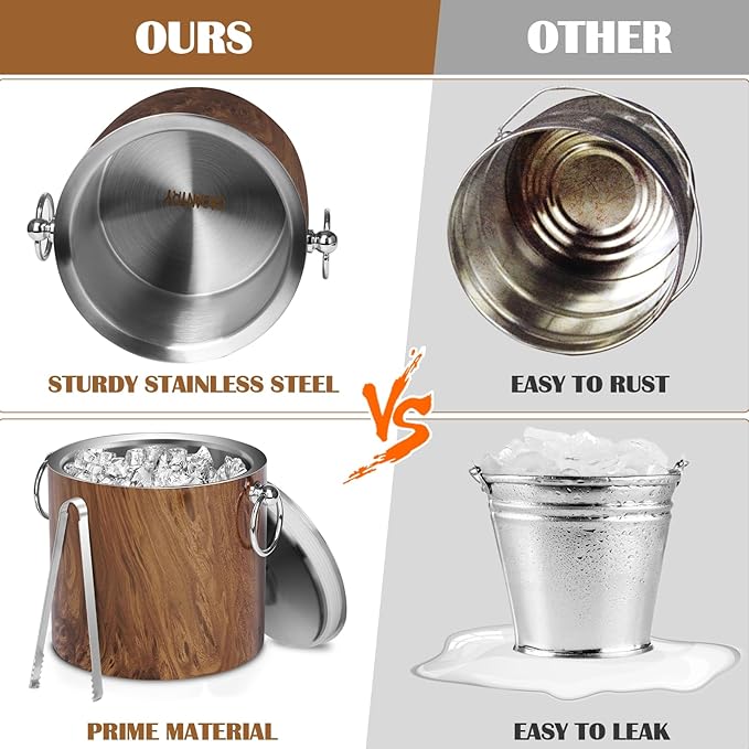 Ice Bucket with Lid & Tong- Well Made Insulated Stainless Steel Keep Ice Frozen Longer - Ideal for Cocktail Bar, Parties, Chilling Wine, Champagne - 3 Liter (Teakwood)