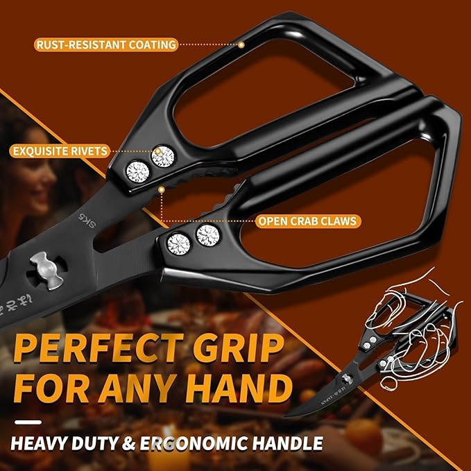 Huusk Seafood Scissors Black - Stainless Steel Kitchen Shears Dishwasher Safe, Sharp Japanese-Style Kitchen Scissor for Crab, Shrimp, Lobster, Herbs and Food Prep, Christmas Gifts for Men Women
