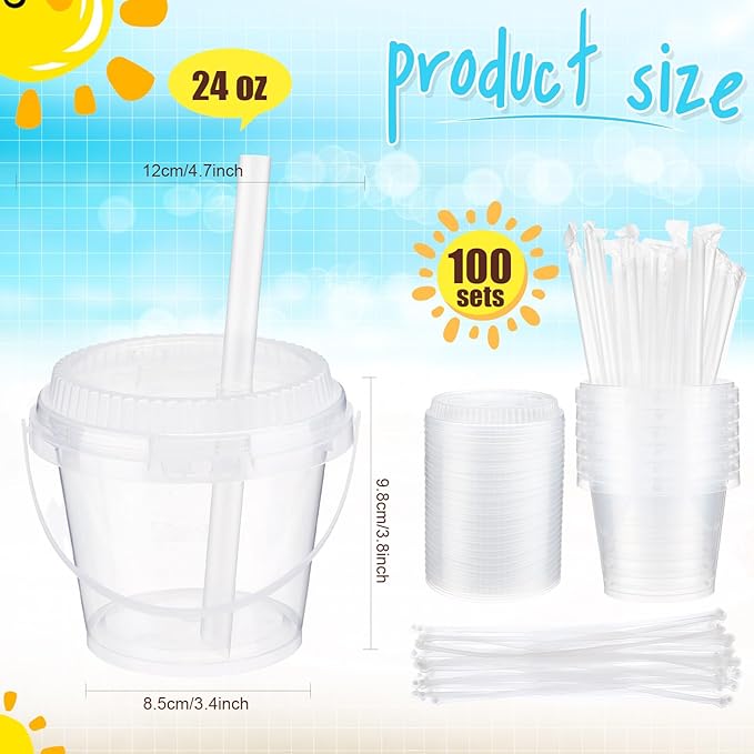 Funnymoom 100 Set 24 oz Clear Drink Buckets with Lids and Straws, Disposable Plastic Rum Cocktail Pails with Handles, Large Smoothie Cups for Adult Bachelorette Party Supplies, Beach & Catering Events