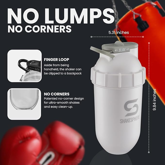 SHAKESPHERE Shaker Bottle - 24oz Leak Proof Protein Shaker Bottle for Pre Workout, Smoothie, and Powder Drink Mixes, No-Blade Mixer for Gym, BPA-Free, Easy Clean & Easy to Carry (Pearl White)