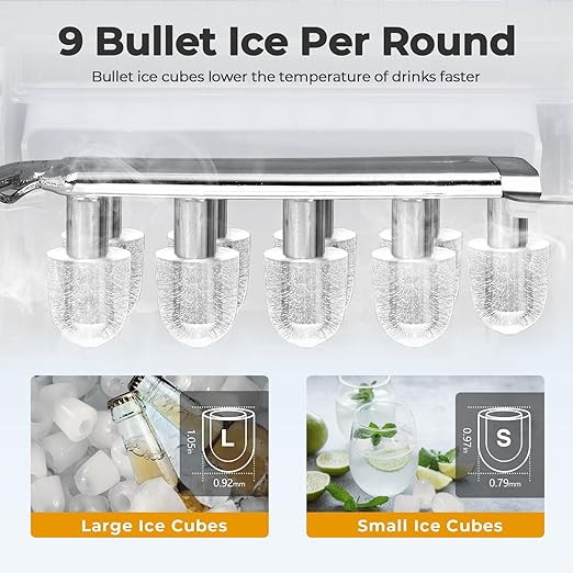 Ice Maker Countertop, Portable Self-Cleaning Ice Machine with Ice Scoop and Basket,9 Cubes in 6 Mins, 26.5lbs/24h,2 Sizes of Bullet Ice Cube for Home Kitchen Office Bar Party(White)