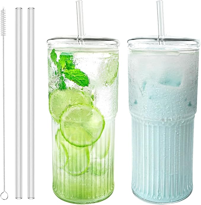 Luiaiog Glass Cups with Lids and Glass Straws, High Borosilicate 20OZ Tumblers (2Pcs) for Coffee, Tea, Juice, Smoothies, Hot/Cold Drinks at Home, Office（Creative Drink Label Design）