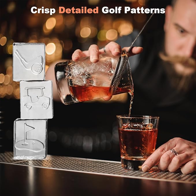 Clear Square Ice Cube Maker Mold for Whiskey Bourbon, Golf Gifts for Men, Golf Accessories Stocking Stuffers for Men, 4 Golf Theme Ice Stamp Included